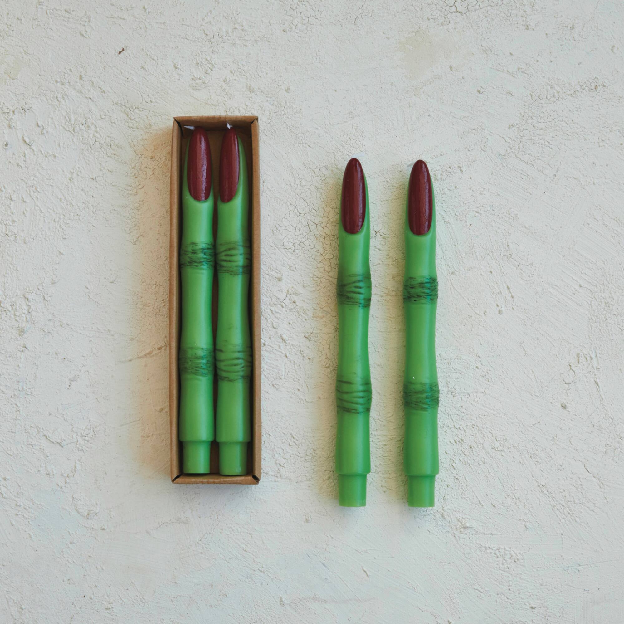 Hello Honey 10" Green & Red Unscented Witch Finger Shaped Taper Candles, 2ct.